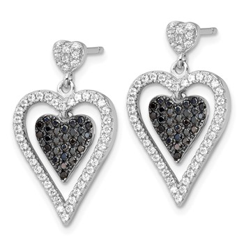 Sterling Silver Black & Clear CZ Brilliant Embers Heart Dangle Earrings — alternate view
