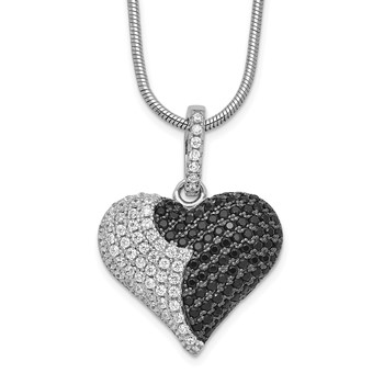 Brilliant Embers Sterling Silver Rhodium-plated 150 Stone 18 inch Micro Pavé Black and White CZ Heart Necklace with 2 Inch Extender