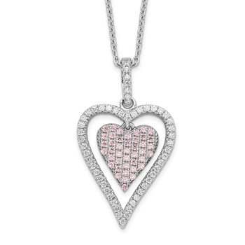 Brilliant Embers Sterling Silver Rhodium-plated 95 Stone 18 inch Micro Pavé White and Pink CZ Heart Necklace with 2 Inch Extender