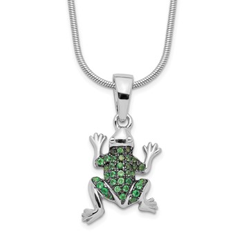 Brilliant Embers Sterling Silver Rhodium-plated 34 Stone 18 inch Micro Pavé Green CZ Frog Necklace with 2 Inch Extender