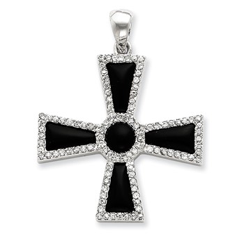 Sterling Silver CZ & Onyx Cross Pendant