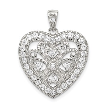 Sterling Silver Rhodium-plated CZ Filigree Heart Pendant