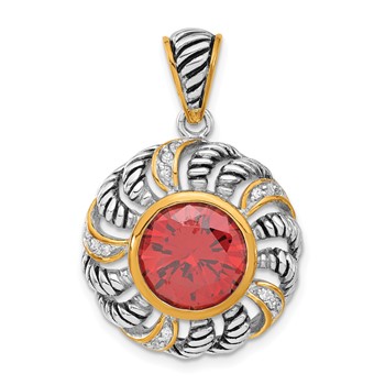 Sterling Silver Gold-plated Antiqued Red & Clear CZ Circle Pendant