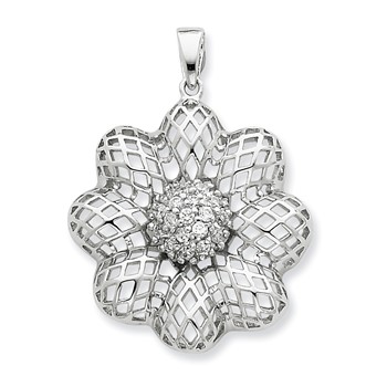 Sterling Silver Puffed Wire Flower w/ Center CZ Pendant