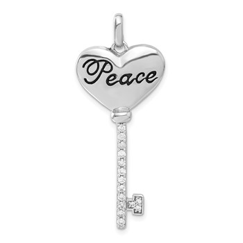 Sterling Silver Polished & Antiqued CZ Peace Heart Key Pendant