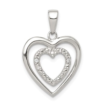 Sterling Silver Rhodium Plated Polished and CZ Double Heart Pendant