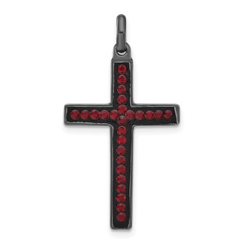 Sterling Silver Black Ceramic Red Crystal Cross Pendant