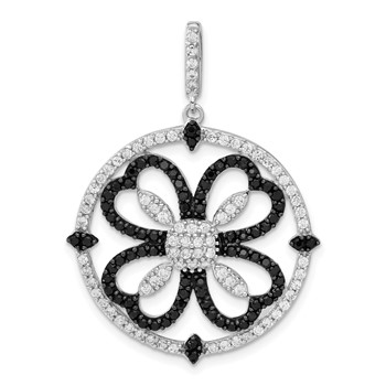 Sterling Silver Black and White CZ Clover Circle Pendant