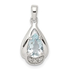 Image of Sterling Silver Rhodium Plated Diamond and Aquamarine Pendant