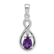 Image of Sterling Silver Rhodium Plated Diamond and Amethyst Teardrop Pendant