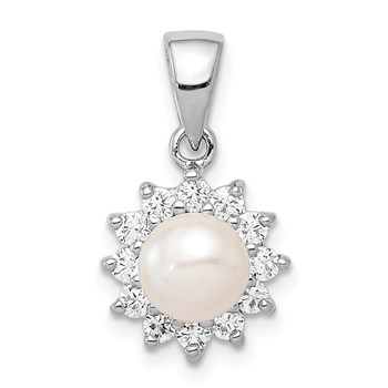 Sterling Silver Rhodium Plated FW Cultured Pearl and CZ Pendant