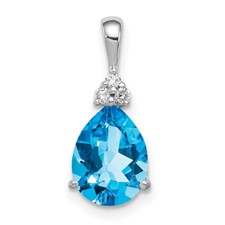 Image of Sterling Silver Rhodium Diamond & Lght Sw. Blue Topaz Teardrop Pendant