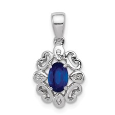Image of Sterling Silver Rhodium Plated Diamond & Sapphire Oval Pendant