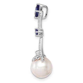 Sterling Silver Rhod Plated Dia. Created Sapphire FW Cultured Pearl Pendant — alternate view