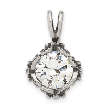 Sterling Silver Antiqued CZ Flower Design Sides Pendant