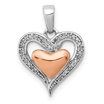 Sterling Silver Rhodium and 14K Rose Gold Diamond Heart Pendant