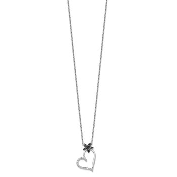 White Night Sterling Silver Rhodium-plated Black and White Diamond Heart with Flower 18 Inch Necklace with 2 Inch Extender — alternate view