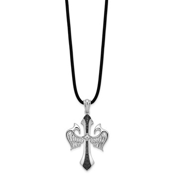White Night Sterling Silver Rhodium-plated Black Diamond Cross and Wings Pendant 18 Inch Rubber Cord Necklace — alternate view