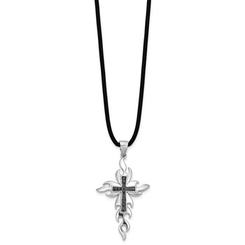 White Night Sterling Silver Rhodium-plated Black Diamond Cross 18 Inch Rubber Cord Necklace — alternate view