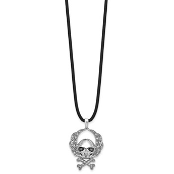 White Night Sterling Silver Rhodium-plated Black and White Diamond Skull 18 Inch Rubber Cord Necklace — alternate view