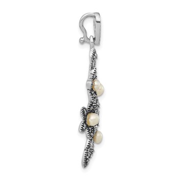 Sterling Silver Antiqued Marcasite & Freshwater Cultured Pearl Floral Slide Pendant — alternate view