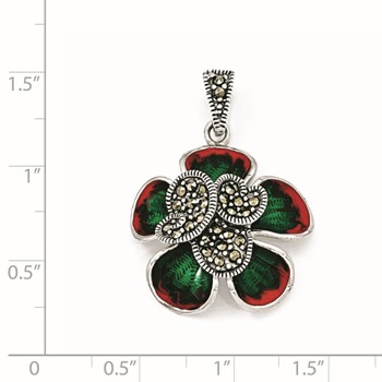 Sterling Silver Marcasite & Enamel Flower Pendant — alternate view