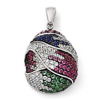 SS Black Rhodium Blue/Grn Glass Lt & Drk Synth. Ruby & CZ Pendant