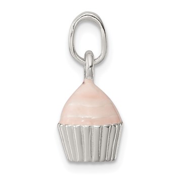 Sterling Silver Polished & Pink Enameled Cupcake Children's Pendant — alternate view