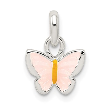Sterling Silver Polished Pink/Orange Enamel Butterfly Children's Pendant