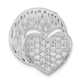 Sterling Silver Polished & Brushed CZ Heart Circle Slide