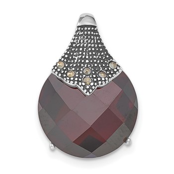 Sterling Silver Polished & Antiqued Red CZ & Marcasite Chain Slide Pendant