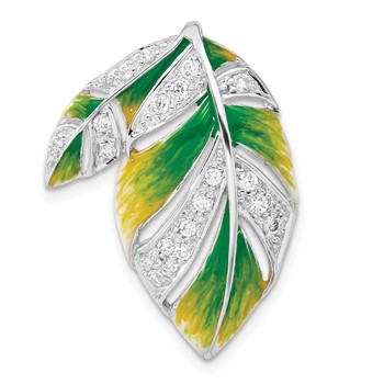 Sterling Silver Green & Yellow Enamel CZ Leaf Slide