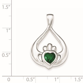 Sterling Silver Rhodium-plated Green CZ Heart Claddagh Pendant — alternate view