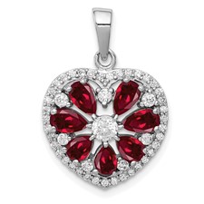Image of Sterling Silver Rhodium-plated Polished CZ and Lab Cr. Ruby Heart Pendant