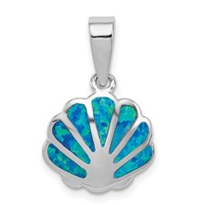 Image of Sterling Silver Rhodium-plated Polished Created Blue Opal Oyster Pendant