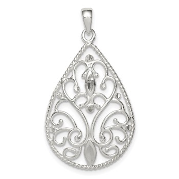 Sterling Silver Polished Filigree Diamond-cut Teardrop Pendant