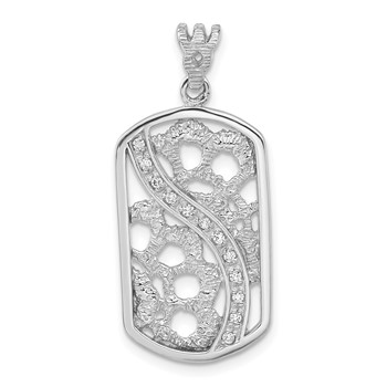 Sterling Silver Rhodium-plated Textured CZ Floral Cut-out Dogtag Pendant