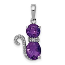 Image of Sterling Silver Rhodium-plated Amethyst and Diamond Cat Pendant