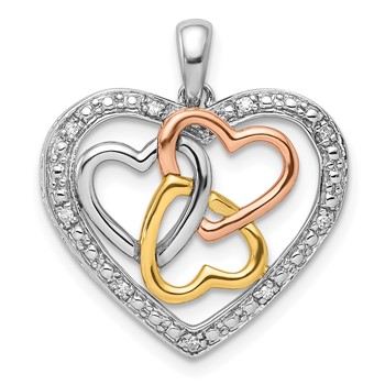 Sterling Silver Rhodium with White, Yellow, and Rose Gold Plating Diamond Heart Pendant