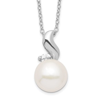 Sterling Silver Rhodium-plated 9-10mm White Button Freshwater Cultured Pearl and CZ 17 inch Necklace