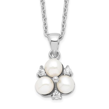Sterling Silver Rhodium-plated 5-6mm White Button Freshwater Cultured 3-Pearl and CZ 17 inch Necklace