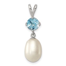 Image of Sterling Silver Rhodium-plated 8-9mm White Teardrop Freshwater Cultured Pearl and 1.05BT Blue Topaz Pendant