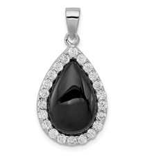 Image of Sterling Silver Rhodium-plated CZ and Onyx Tear drop Pendant