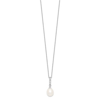 Sterling Silver Rhodium-plated 8-9mm White Teardrop Freshwater Cultured Pearl and CZ 17 inch Necklace — alternate view