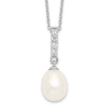Sterling Silver Rhodium-plated 8-9mm White Teardrop Freshwater Cultured Pearl and CZ 17 inch Necklace