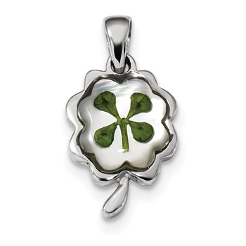 Sterling Silver Platinum Plated Leaf Clover Epoxy & Shell Pendant