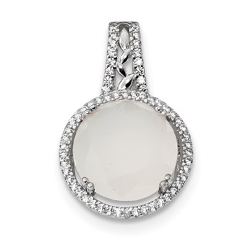 Sterling Silver Rhodium-plated CZ & Milky White Glass Stone Pendant