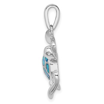 Sterling Silver Rhodium-plated Polished Blue Inlay Created Opal Turtle Pendant — alternate view
