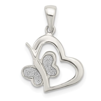 Sterling Silver Polished Glitter Enamel Heart with Butterfly Pendant