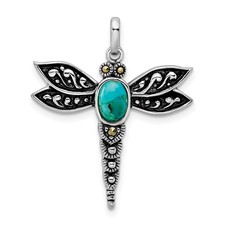 Image of Sterling Silver Rhodium/Oxidized Recon. Turq/Marcasite Dragonfly Pendant